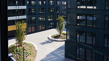 Inner courtyard of the exterior view of INK Inspire Neukölln in Berlin