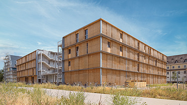 Foto des Collegium Academicums in Heidelberg. Man sieht ein Gebäude aus Holz.