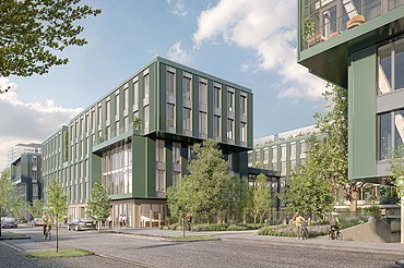 Renderbild eines nachhaltigen Bürogebäudes mit einer grünen Holzfassade