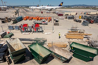 Image of objects such as construction logistics containers at Frankfurt Airport