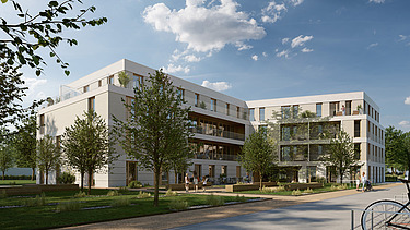 Visualisierung des Bauen im Bestand-Projektes Blaues Hochhaus in Cottbus