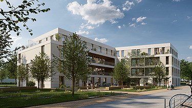 Visualisierung des Bauen im Bestand-Projektes Blaues Hochhaus in Cottbus