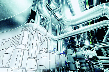 Photo Sketch of a piping concept in combination with a photo of industrial facilities