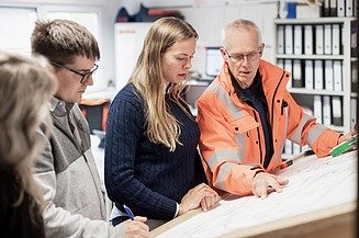 Bild von einem Bauteam vor einem Bauplan