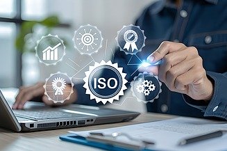 Bild Mann am Schreibtisch sitzend,d er auf eine Grafik mit dem Element mit ISO zeigt