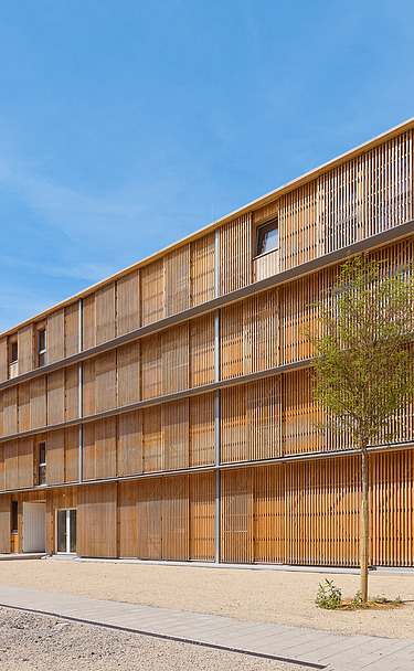 Foto des Collegium Academicums in Heidelberg. Man sieht ein Gebäude aus Holz.