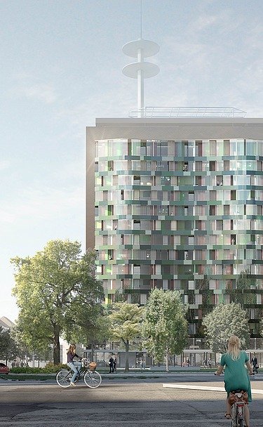 The façade of the TAK-Telekomareal building project in Constance can be seen here