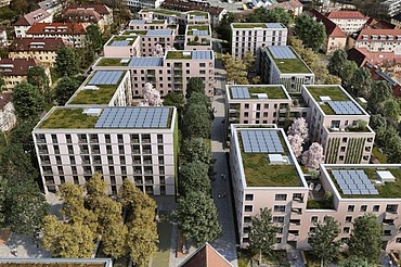 Picture shows several blocks of flats surrounded by trees