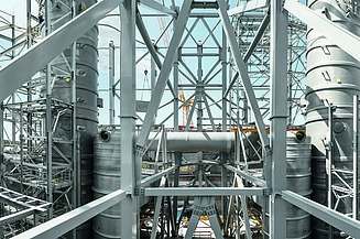 Close-up of silver-grey steel structures of the Amager Bakke project