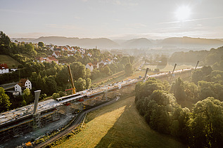 Drone shot of the Schorgast viaduct at golden sunrise