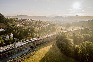 Drone shot of the Schorgast viaduct at golden sunrise
