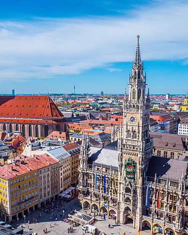 Photo from the air Munich city center with the new town hall and the Frauenkirche