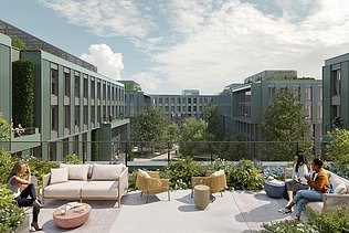 Renderbild mit Blick vom Balkon in den Innenhof