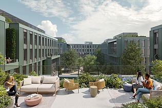 Render image with view from the balcony into the inner courtyard