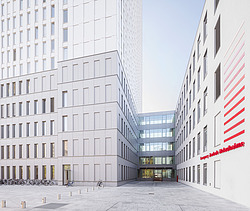Close-up of two parts of a hospital building