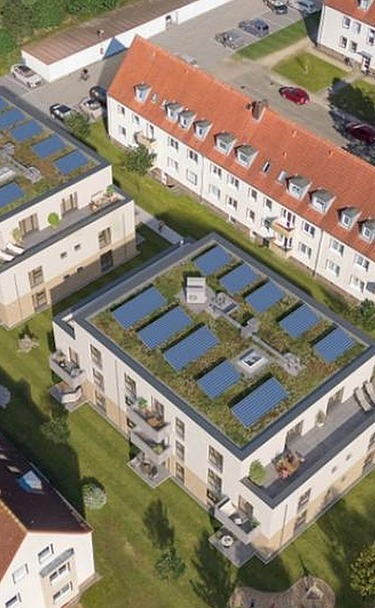 Aerial view of several terraced houses