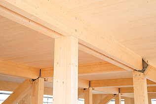 Foto der Uni Witten von innen. Man sieht Brettschichtholzträger und eine LENO-Holzdecke.