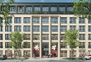 Visualisation of the modern beige façade in the B'Ella district