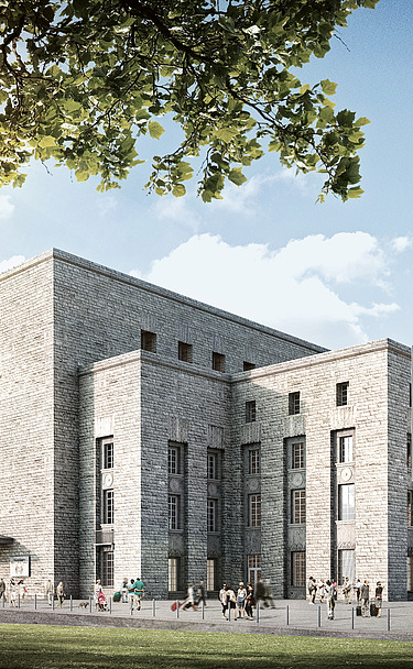 Visualization of the new main entrance to the Bonatz Building with barrier-free access level and modern entrance.