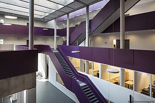 Innenarchitektur des Schulgebäudes mit auffälliger lila Treppe und offenen Lernbereichen