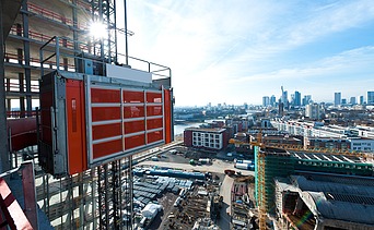 Picture of a freight elevator on the building shell