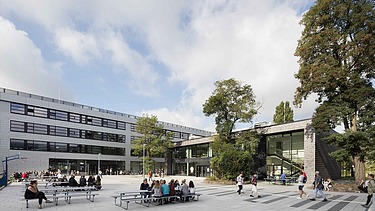 Schoolyard with modern architecture and spacious recreation area