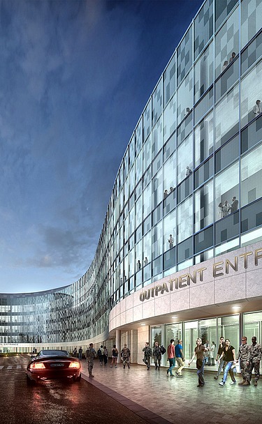 Bild der Außenfassade des zukünftigen US-Krankenhauses in Weilerbach. Großes Glasfront, geschwungenes Gebäude