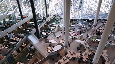 Interior view of the atrium of the new Axel Springer building in Berlin