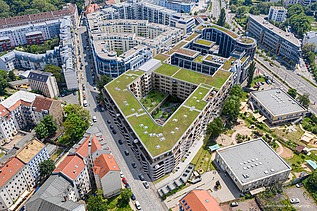 Aerial view of the Atriumquartier residential complex in Leipzig
