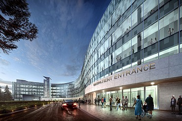 Bild der Außenfassade des zukünftigen US-Krankenhauses in Weilerbach. Großes Glasfront, geschwungenes Gebäude