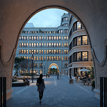 B'ella visualisation: courtyard passageway at twilight and under lighting