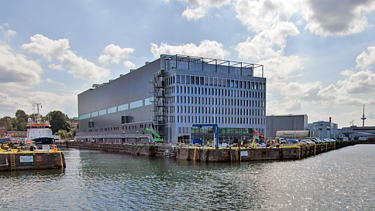 Front view of the shipbuilding hall in Kiel by day