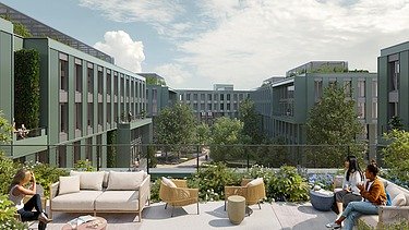 Renderbild mit Blick vom Balkon in den Innenhof