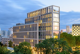 Exterior view of an office building at night