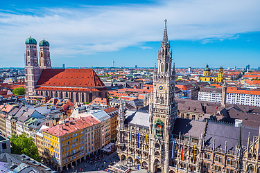 Photo from the air Munich city center with the new town hall and the Frauenkirche