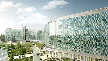 Bild mit Fokus auf die Fassade des zukünftigen US-Hospital in Weilerbach