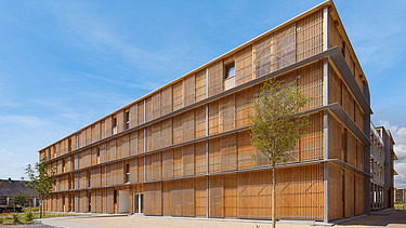 Foto des Collegium Academicums in Heidelberg. Man sieht ein Gebäude aus Holz.