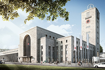 Visualization of the new main entrance to the Bonatz Building with barrier-free access level and modern entrance.