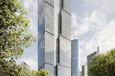 Exterior view of the Central Business Tower Frankfurt from the park